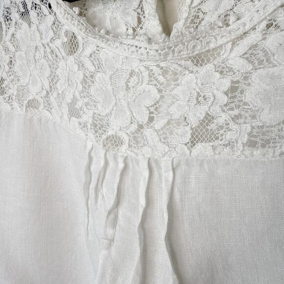 Lungo L'Arno Made In Italy 100% Linen Small Long Sleeve Lace Top Blouse Pintuck - Picture 2 of 11